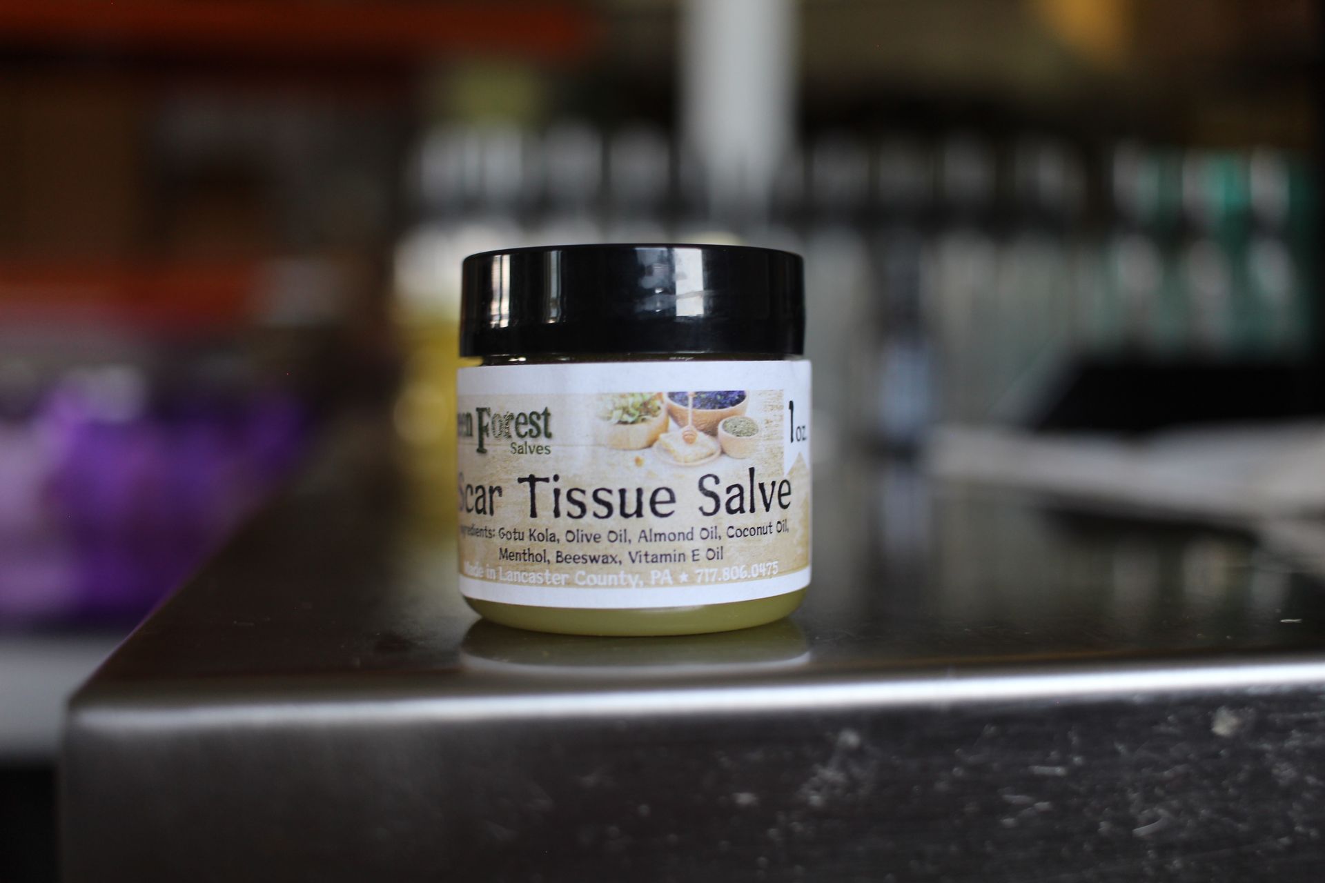 Scar Tissue Salve used to promote healing of scars and varicose veins.

