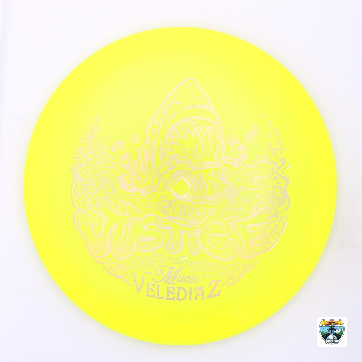 Dynamic Discs Fluid Justice 2023 Team Series Macie Velediaz, Manufacturer Weight Range: 173-176 Grams, Color: Yellow, Serial Number: 0047-0004