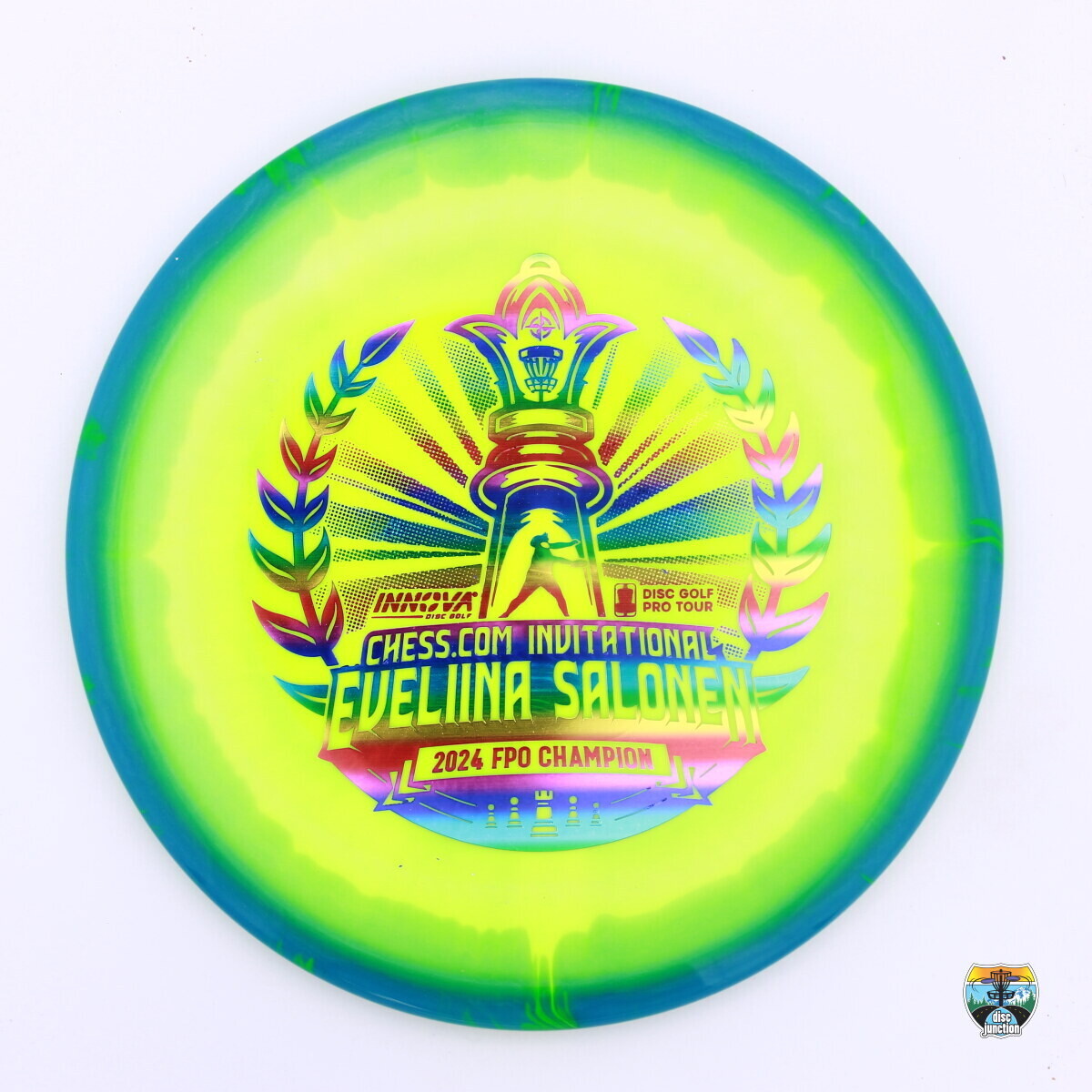 Innova Halo Star Caiman Commemorative Eveliina Salonen 2024 Chess.com Invitational Champion, Manufacturer Weight Range: 173-175 Grams, Color: Yellow/Green/Blue, Serial Number: 0157-0014