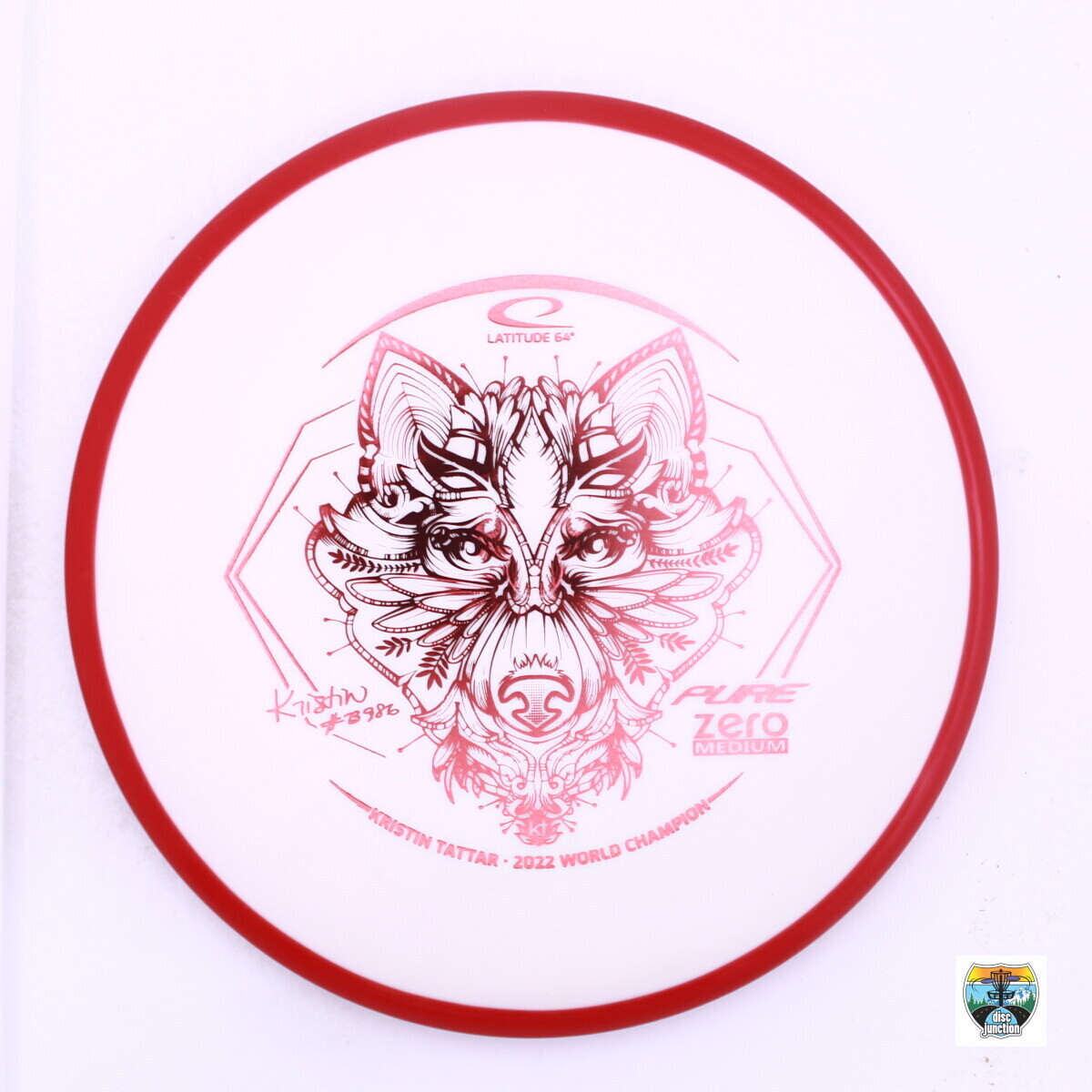 Latitude 64° Zero Medium Orbit Pure 2023 Team Series Kristin Tattar 2022 World Champion, Manufacturer Weight Range: 173-176 Grams, Color: White/Red, Serial Number: 0021-0052
