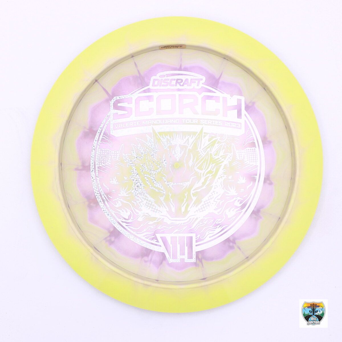 Discraft ESP Swirl Scorch 2023 Tour Series Valerie Mandujano Bottom Stamp, Manufacturer Weight Range: 173-174 Grams, Color: Yellow, Serial Number: 0017-0054