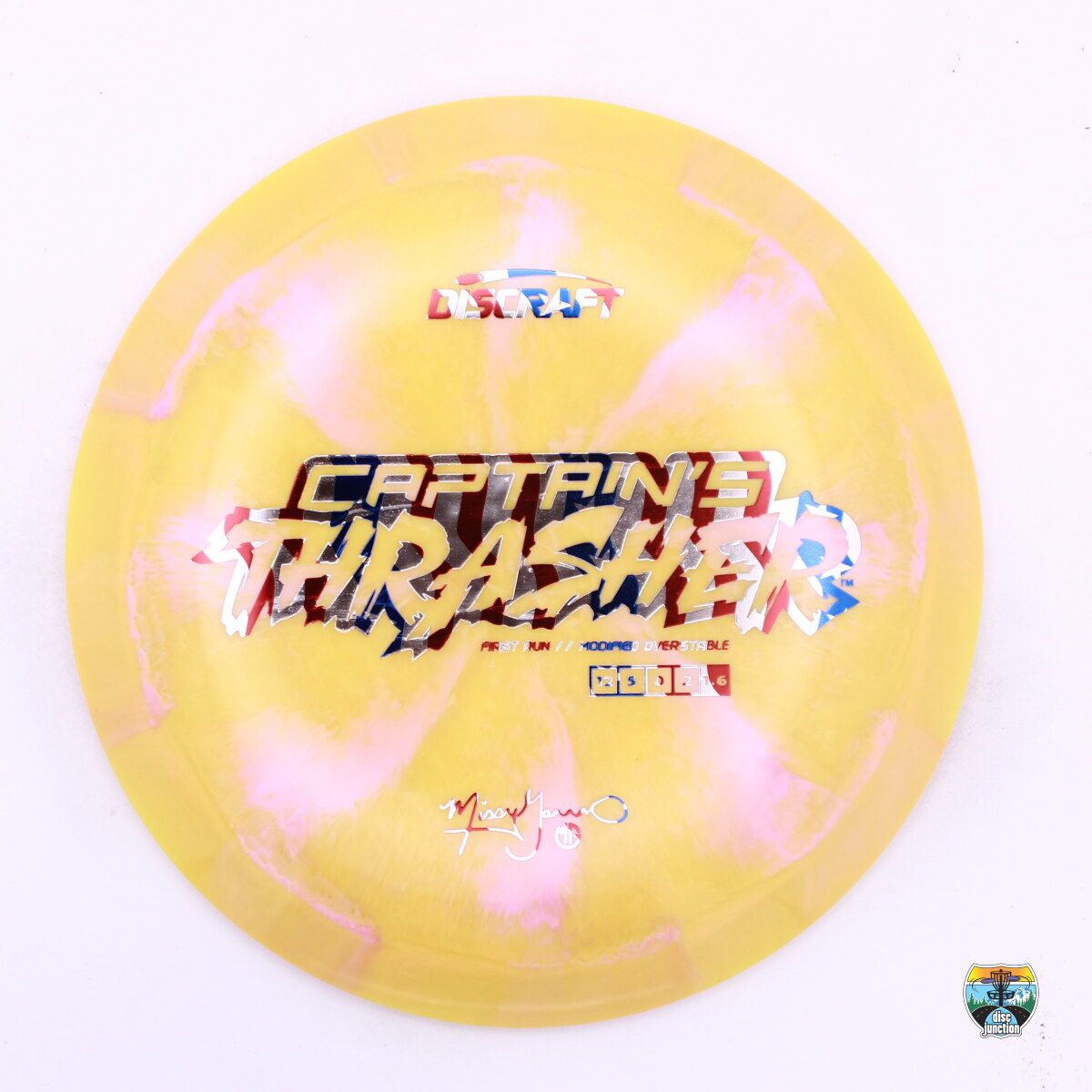Discraft ESP Swirl Captain&#39;s Thrasher 2024 First Run Missy Gannon, Manufacturer Weight Range: 173-174 Grams, Color: Yellow, Serial Number: 0275-0020