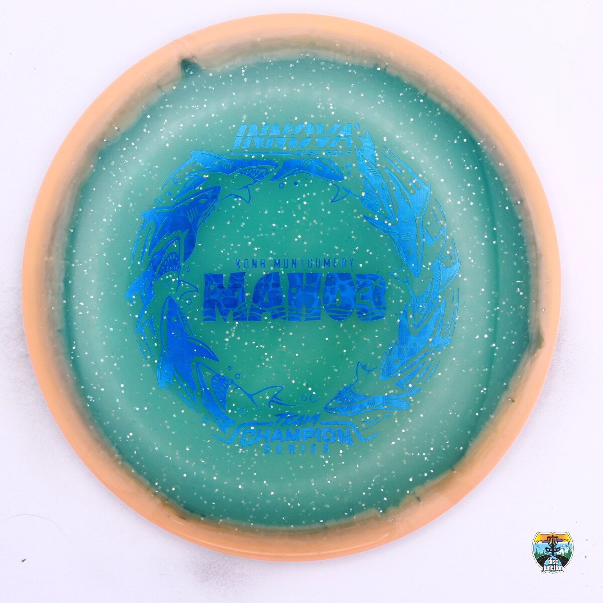 Innova Metal Flake Halo Champion Mako3 2026 Team Champion Tour Series Kona Montgomery, Manufacturer Weight Range: 178-180 Grams, Color: Blue/Orange, Serial Number: 0586-0108