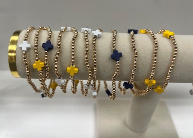 Gold Bead Stretch Bracelet With Cross Accent