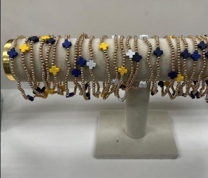 Gold Bead Stretch Bracelet With Cross Accent
