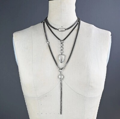 GUNMETAL STONE COLLAR NECKLACE W/CRYSTAL BAGUETTE