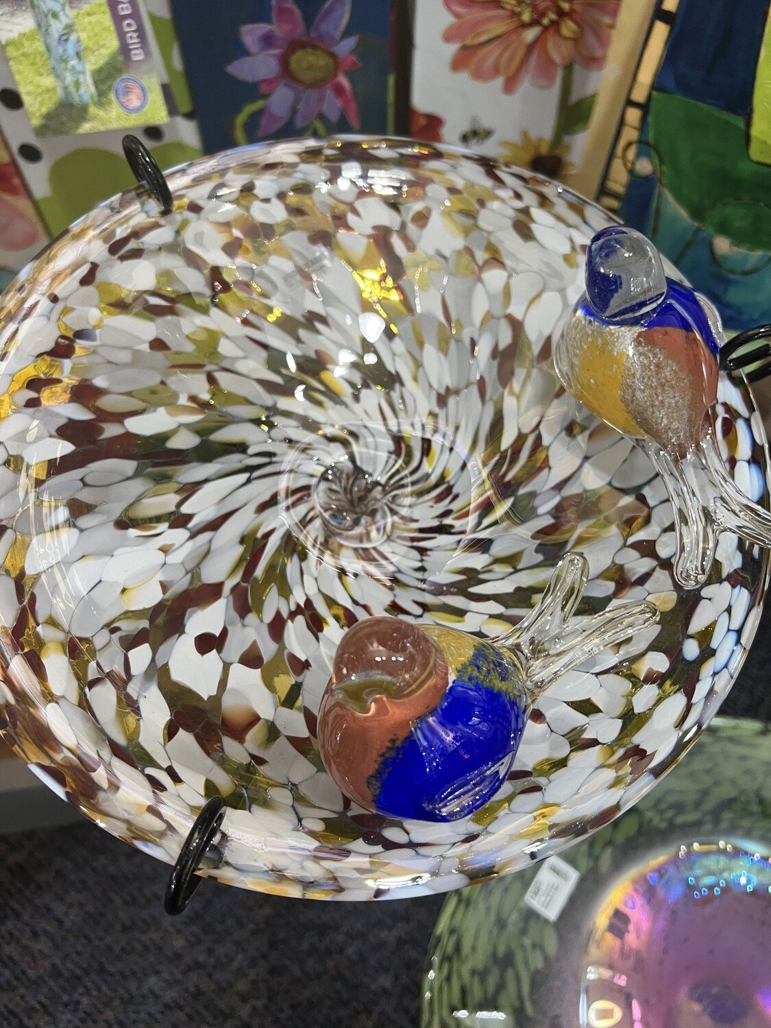 GLASS BIRDBATH WITH 2 GLASS BIRDS &amp; METAL STAND - WHITE GOLD