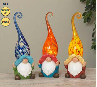 5760 13.4&quot;H SOLAR LIGHTED GLASS AND RESIN GNOME RED, BLUE, YELLOW