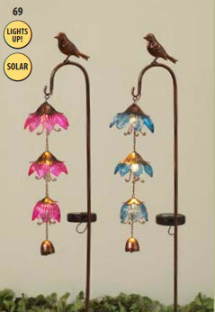 SOLAR LIGHTED GARDEN STAKE - HANGING GLASS FLOWERS WITH BIRD FRIEND 1870 - pink or blue