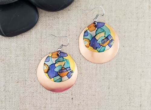 ALCOHOL INK DOUBLE CIRCLE EARRINGS - BLUE
