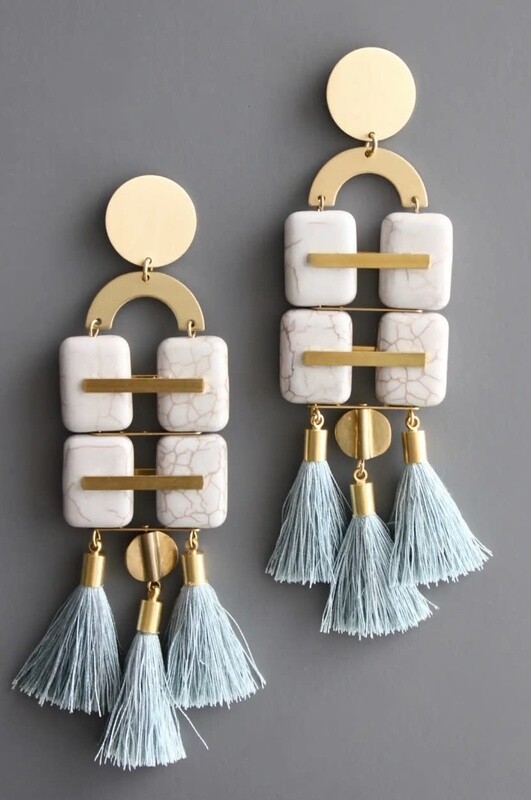 GEOMETRIC GRAY STONE &amp; TASSEL LONG STATEMENT EARRINGS BKNE53