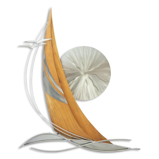 TEAK SAILBOAT WITH SUN - WALL SCULPTURE