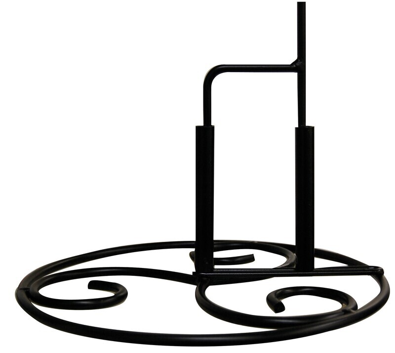 Black metal adjustable deck base stand for garden stakes with decorative scroll bottom.