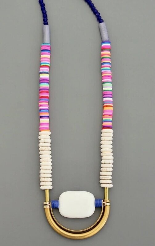 GEOMETRIC NAVY BLUE, WHITE AND PINK NECKLACE EMI228