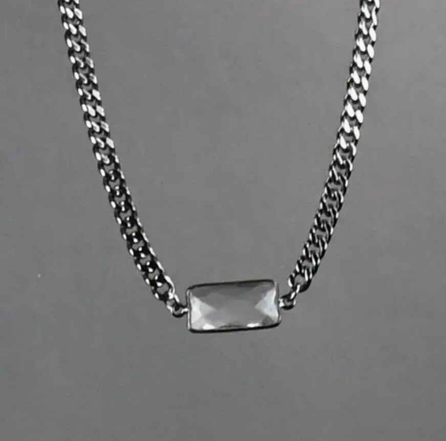 GUNMETAL STONE COLLAR NECKLACE W/CRYSTAL BAGUETTE