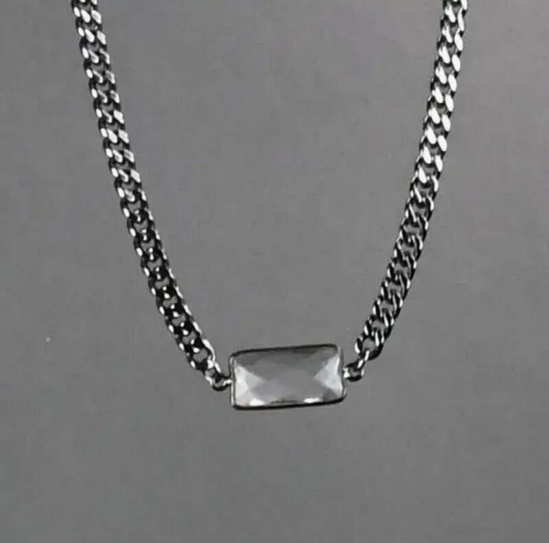 GUNMETAL STONE COLLAR NECKLACE W/CRYSTAL BAGUETTE