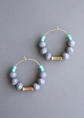 GRAY GLASS AND TURQUOISE STONE HOOP EARRINGS ZLDE15