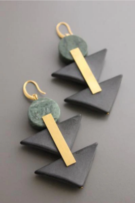 GREEN JASPER AND BLACK ACRYLIC GEOMETRIC EARRINGS XINE23
