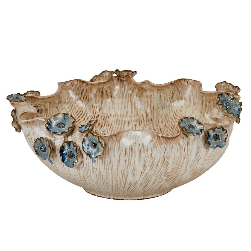 LARGE CERAMIC BOWL WITH PURPLE BLUE FLOWERS