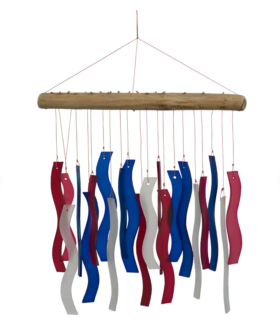 WAVE TUMBLED GLASS WIND CHIME - RED, WHITE &amp; BLUE