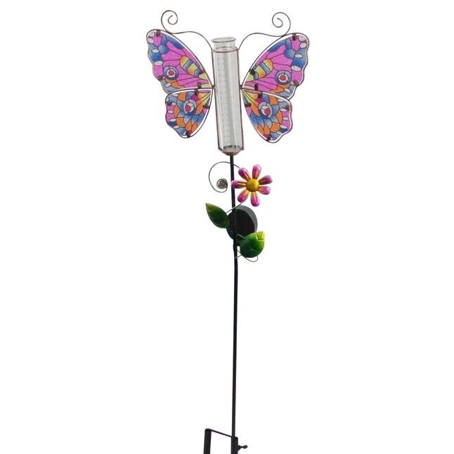 34538 - SOLAR RAIN GAUGE BUTTERFLY PINK BLUE