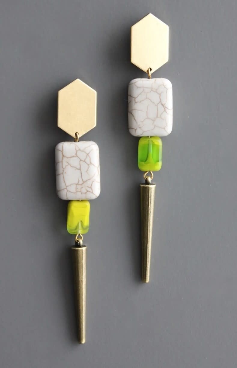 GEOMETRIC GRAY STONE AND GREEN GLASS POST EARRINGS BKNE45