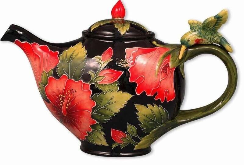 BLACK HIBISCUS TEAPOT WITH HUMMINGBIRD