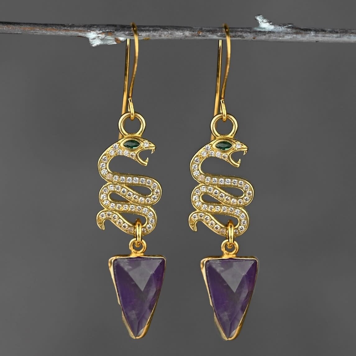 PAVE CRYSTAL SNAKES W/ AMETHYST TRIANGLE DROP EARRINGS KBD
