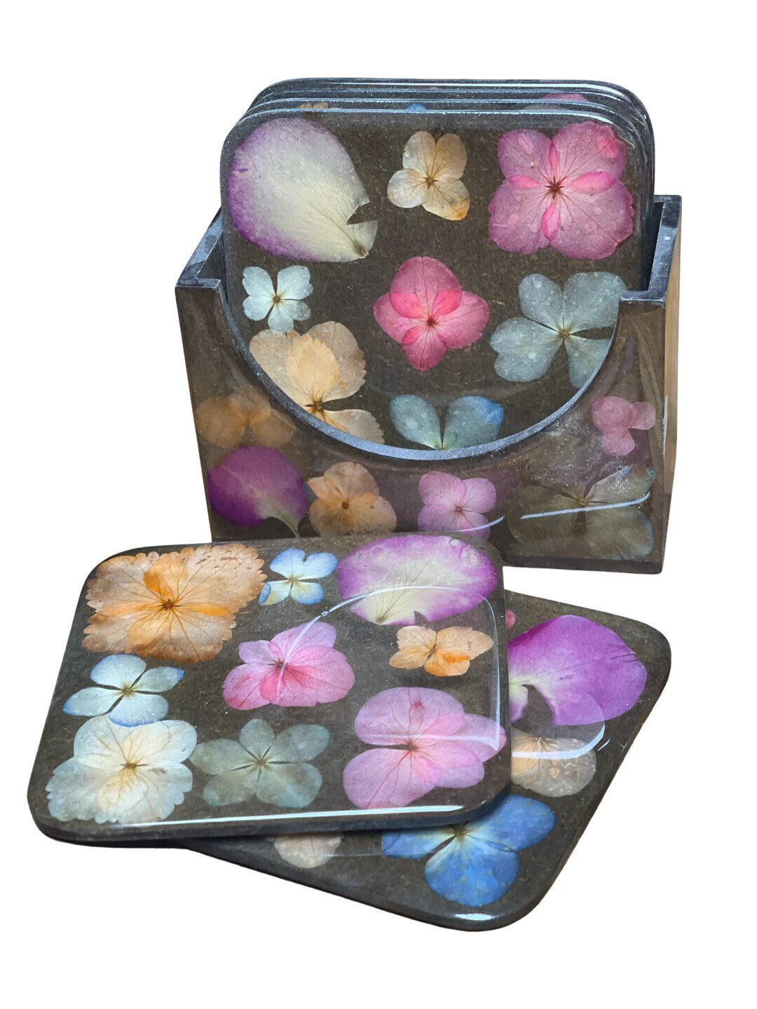 HAND PRESSED FLOWER - SET OF 6 COASTERS W/HOLDER