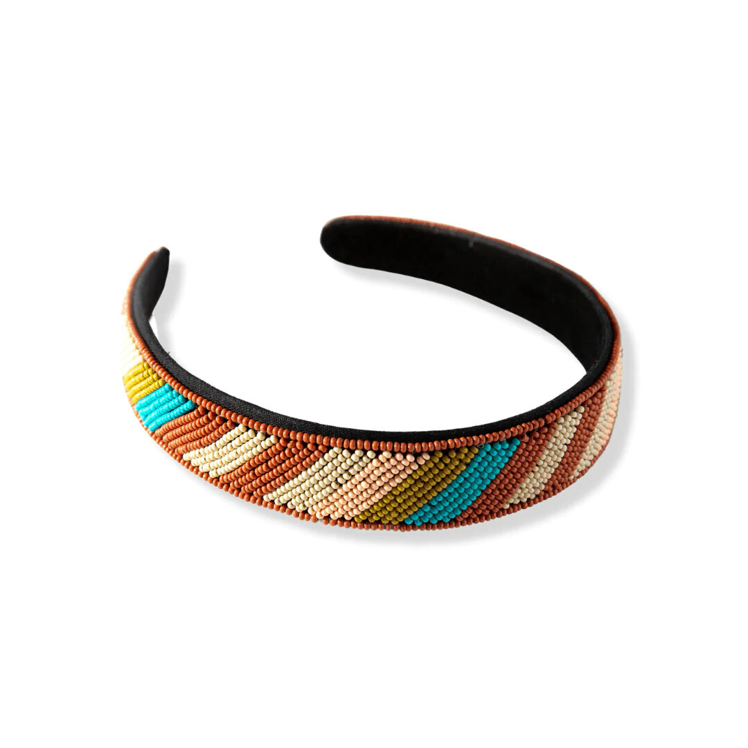 Stevie Diagonal Striped Beaded Headband Rust and Turquoise