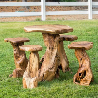 TEAK ROOT BAR TABLE - 40&quot;H and 4 STOOLS 30&quot;