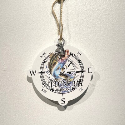 WOOD MAP ORNAMENT - COMPASS W/ BASS ART - SUTTONS BAY