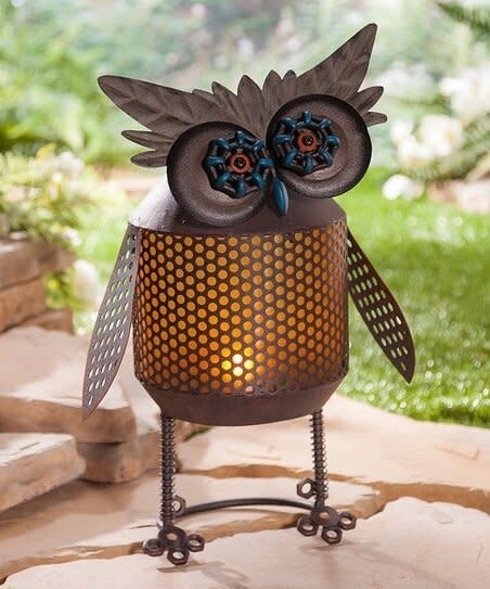 SOLAR LIGHTED INDUSTRIAL METAL HOOT OWL - ORANGE OR BLUE