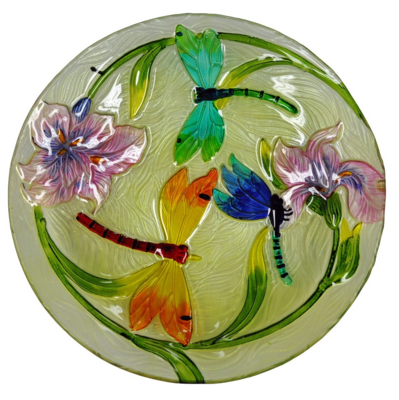 18&quot; Three Dragonflies with Iris Glass Plate Bird Bath