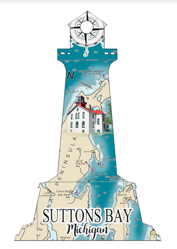 WOOD MAP ORNAMENT - LIGHTHOUSE SUTTONS BAY