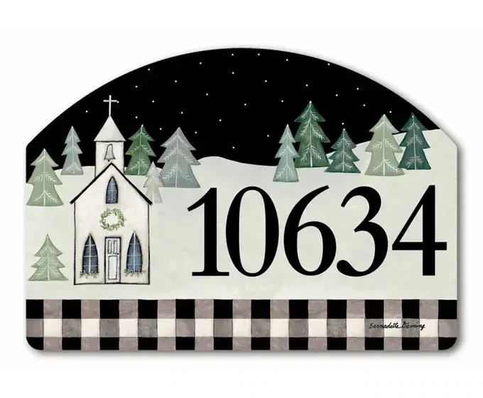 Close-up of magnetic yard sign featuring a snowy church, check border, and adhesive address numbers.