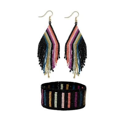 BOXED SET:  Haley + Kenzie vertical falling lines beaded earrings and bracelet set Rainbow/Black