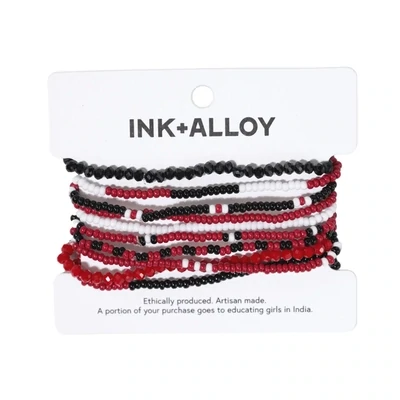 Sage color block beaded 10 strand stretch bracelets red + black