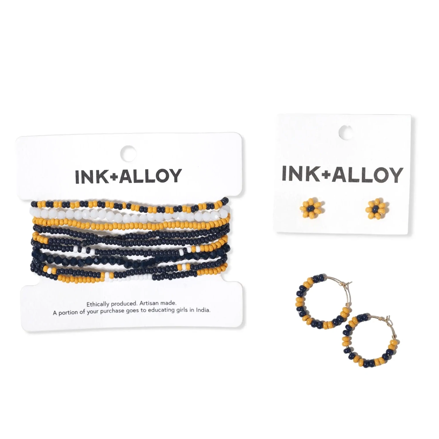 Victoria mixed seed bead hoop earrings yellow + navy