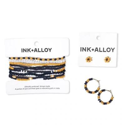 Victoria mixed seed bead hoop earrings yellow + navy