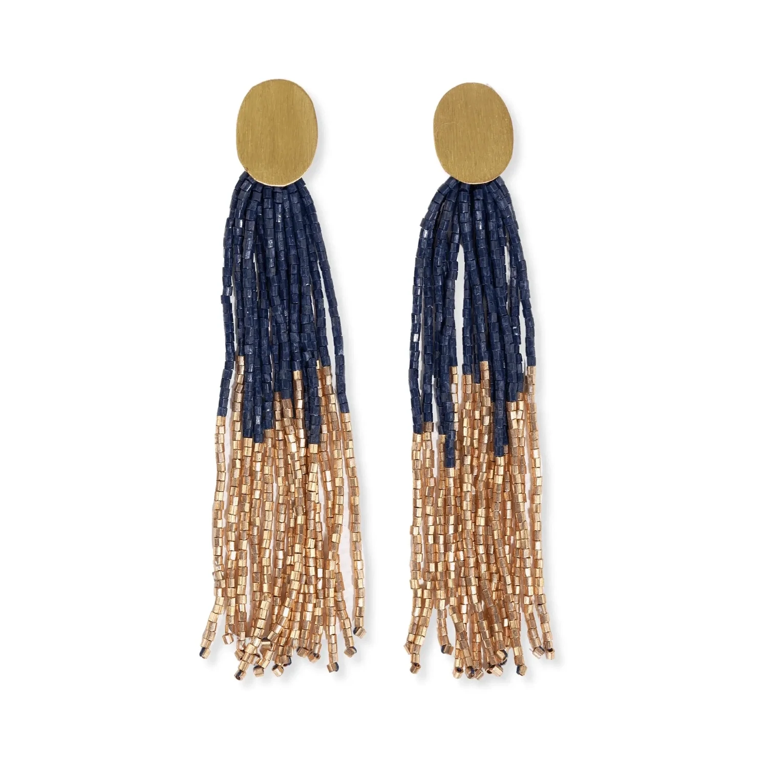 Mae oval brass post 2-color beaded tassel earrings navy