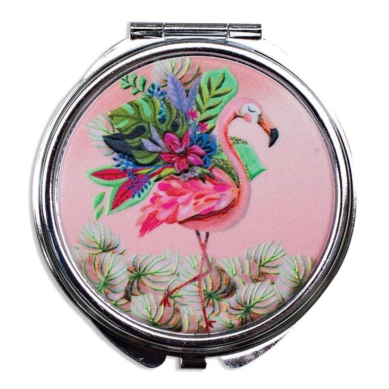 TRINKET / PILL BOX W MIRROR - FLAMINGO