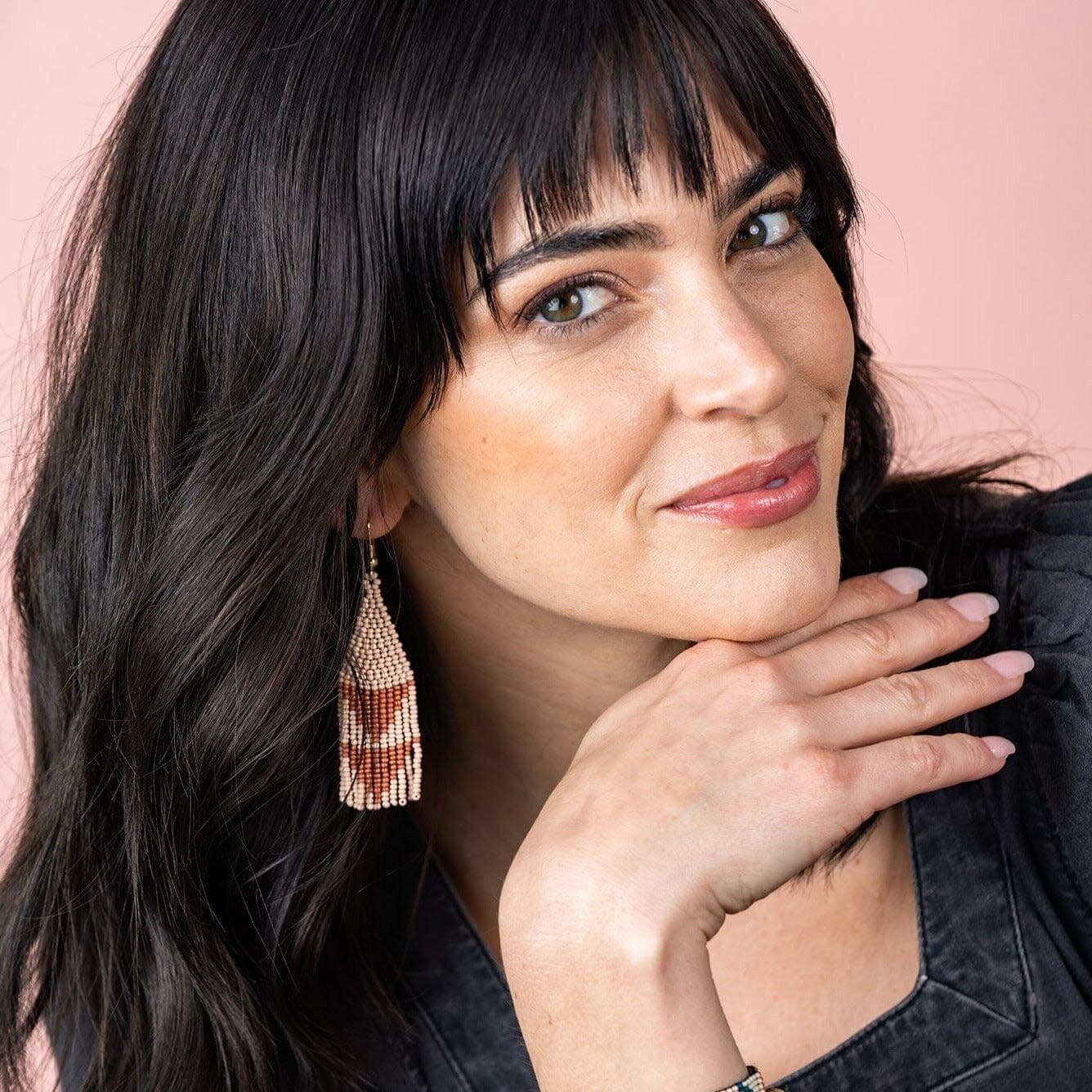 Lennon two color triangles beaded fringe earrings blush
