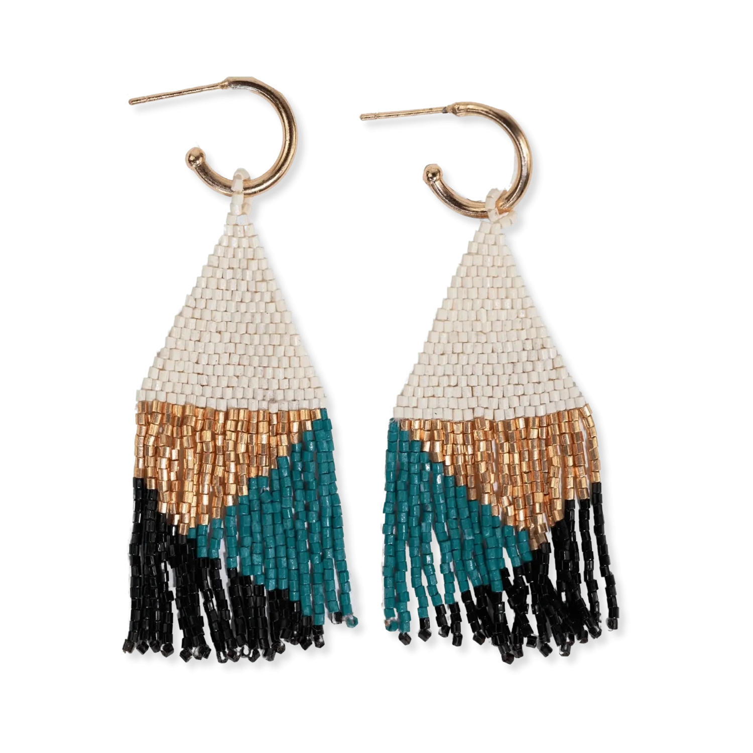 James mini gold hoop mixed angles beaded fringe earrings teal