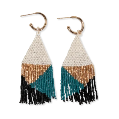 James mini gold hoop mixed angles beaded fringe earrings teal