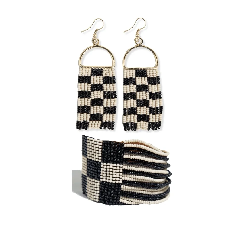 BOXED SET:  Allison + Olive checkered beaded earrings and bracelet set Black/White