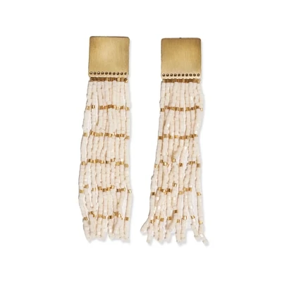 Harlow brass top solid with gold stripe beaded fringe earrings ivory