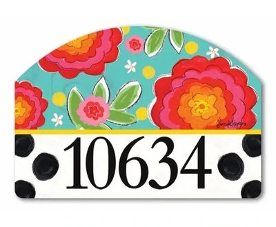 Close-up of a magnetic yard sign design showing vibrant, colorful flowers and address numbers.