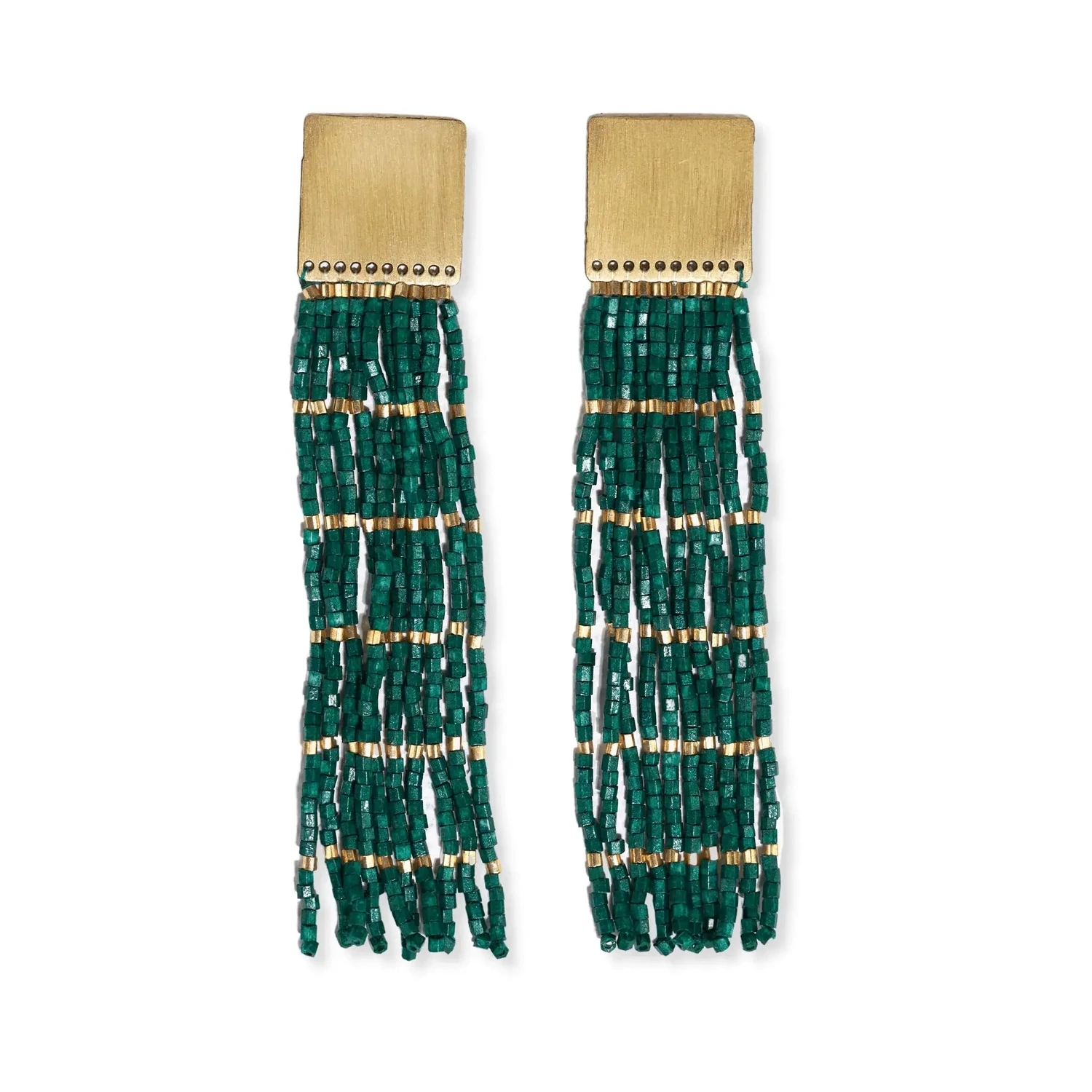 Harlow brass top solid with gold stripe beaded fringe earrings emerald