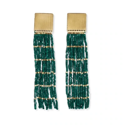 Harlow brass top solid with gold stripe beaded fringe earrings emerald